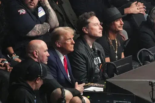 Dana White, President-elect Donald Trump, Elon Musk and Kid Rock attend UFC 309 at Madison Square Garden, Saturday, Nov. 16, 2024, in New York. (AP Photo/Evan Vucci)