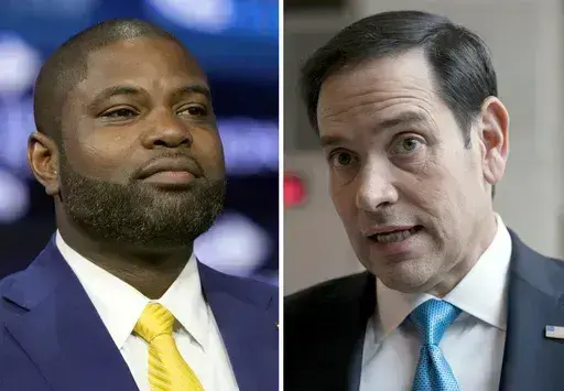 This combination photo shows Rep. Byron Donalds, R-Fla., on, June 15, 2024, in Detroit, left, and Sen. Marco Rubio, R-Fla., at the Capitol in Washington, Feb. 9, 2023. As former President Donald Trump narrows his options for potential running mates, Donalds and Rubio, known to be on his list, are from Florida, leaving open a scenario where his vice presidential nominee would have to move if he wins. (AP Photo)