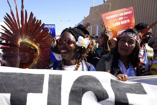 Demonstrators participate in a protest at the COP27 U.N. Climate Summit, Saturday, Nov. 12, 2022, in Sharm el-Sheikh, Egypt. (AP Photo/Peter Dejong)
