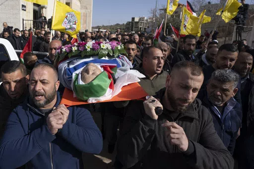 Mourners carry the body of Omar Assad, during his funeral in the West Bank village of Jiljiliya, north of Ramallah, Thursday, Jan. 13, 2022. Israeli leaders on Sunday, April 21, 2024, harshly criticized an expected decision by the U.S. to impose sanctions on a unit of ultra-Orthodox soldiers in the Israeli military. The unit came under heavy American criticism in 2022 after the elderly Palestinian-American man was found dead shortly after he was detained at a West Bank checkpoint. (AP Photo/Nass