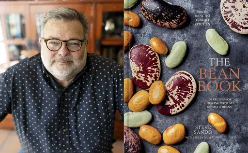 This combination of images shows a portrait of Steve Sando, left, and cover art for Sando's "The Bean Book: 100 Recipes for Cooking with All Kinds of Beans, from the Rancho Gordo Kitchen." (Kim Serveau via AP, left, and Ten Speed Press via AP)