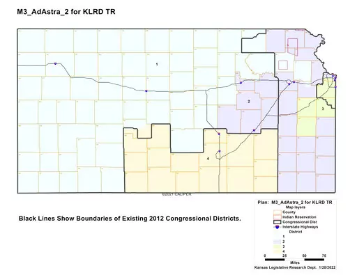 This image shows the "Ad Astra 2" congressional redistricting plan for Kansas drafted by the Kansas Legislative Research Department for Republican leaders in the GOP-controlled Legislature, Tuesday, Jan. 25, 2022, at the Statehouse in Topeka, Kan. A Kansas district court judge on Monday, April 25, 2022, struck down a new Republican-backed congressional map that would likely make it harder for the only Democrat in the state's delegation to win reelection this year. (Kansas Legislative Research De