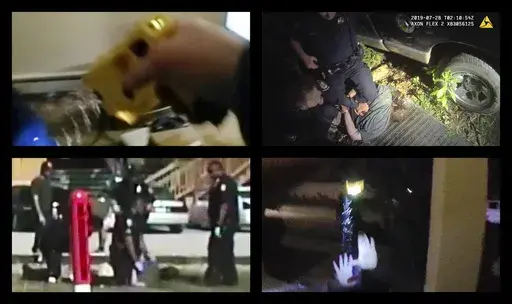 This combination of images from body-camera videos shows police encounters with, top row from left, Jeffrey Melvin in Colorado in 2018, Johnathan Binkley in Tennessee in 2019; bottom row from left, Bradford Macomber in Mississippi in 2016 and Samuel Celestin in Florida in 2019. Police officers in hundreds of deadly encounters across the United States violated well-known law enforcement guidelines that prescribe the safest ways to restrain, subdue and arrest people, an Associated Press investigat