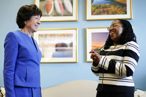 Supreme Court nominee Ketanji Brown Jackson meets with Sen. Susan Collins, R-Maine, on Capitol Hill in Washington, March 8, 2022.  Collins will vote to confirm Ketanji Brown Jackson, giving Democrats at least one Republican vote and all but assuring that she will become the first Black woman on the Supreme Court. (AP Photo/Carolyn Kaster, File)