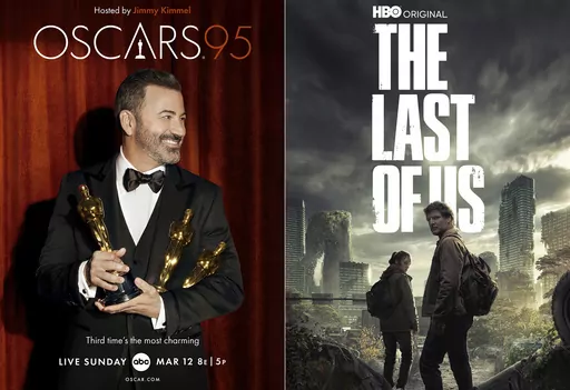 This combination of photos shows promotional art for the 95th Academy Awards, airing Sunday on ABC, left, and the HBO series "The Last of Us, airing Sunday on HBO. (ABC/HBO via AP)