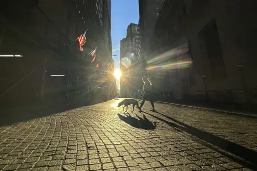 A woman and dog cross Wall Street in New York's Financial District on Nov. 19, 2024. (AP Photo/Peter Morgan, File)