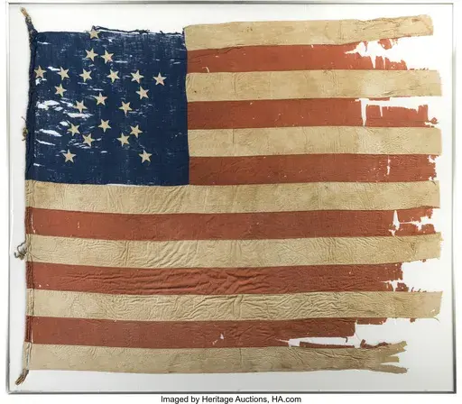 This image provided by Heritage Auctions, shows 21-star U.S. flag. Illinois state investigators are scrutinizing the purchase by the Abraham Lincoln Presidential Library and Museum of this 21-star U.S. flag reportedly from 1818-1819 at the time that Illinois was admitted to the Union as the 21st state. At the same time, one of the nation's top vexillologists, or flag experts, says the flag is not from 1818 but from the Civil War period and is likely a so-called Southern exclusionary flag, reserv