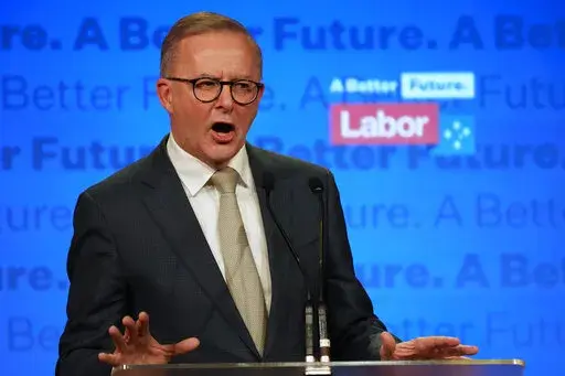Labor Party leader Anthony Albanese speaks to supporters at a Labor Party event in Sydney, Australia, Sunday, May 22, 2022, after Prime Minister Scott Morrison conceding defeat to Albanese in a federal election. (AP Photo/Rick Rycroft)