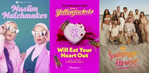 This combination of photos shows promotional art for "Muslim Matchmaker," from left, "Yellowjackets," and "Summer House." (Hulu/Paramount+/Bravo via AP)